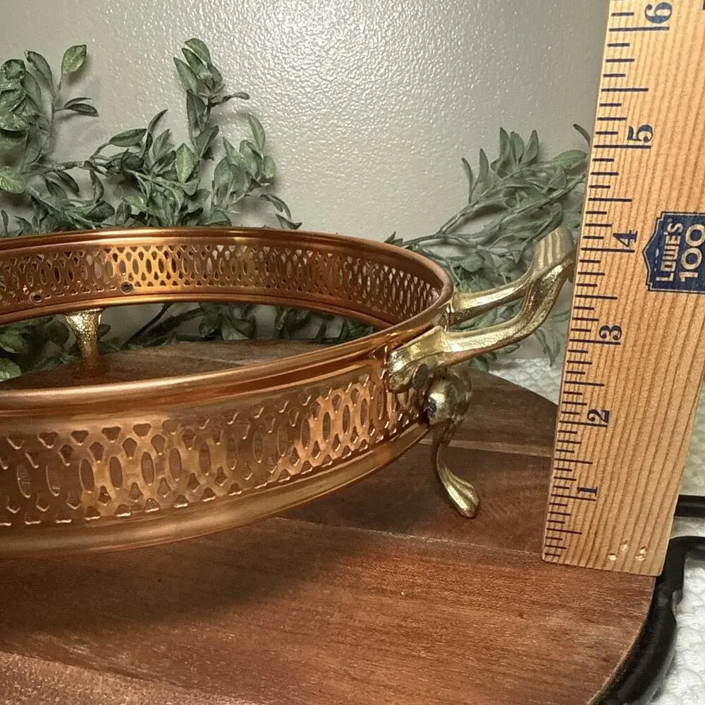 Copper Brass Gallery Bowl Holder Casserole Stand Footed Hollywood Regency Vtg